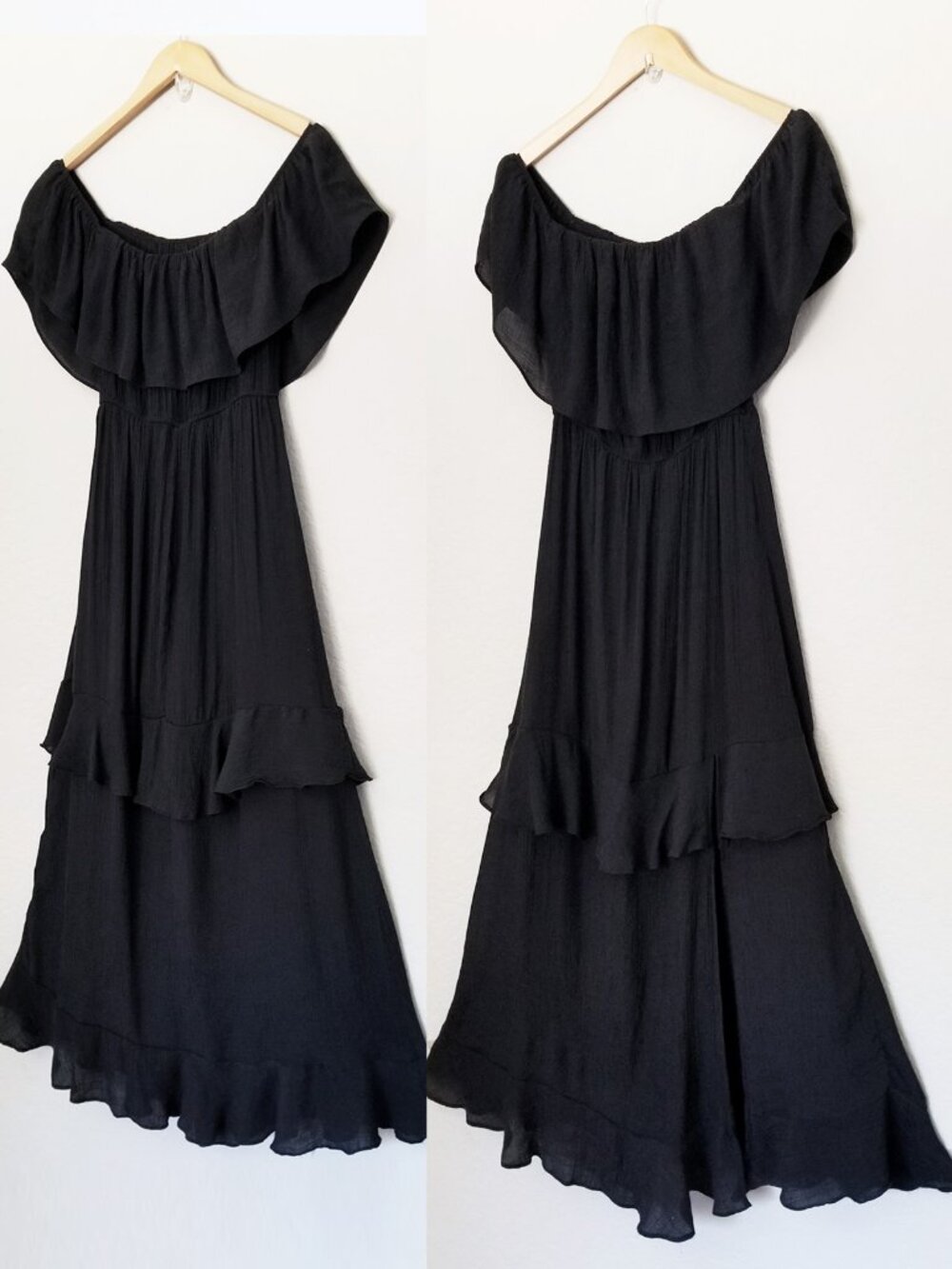 T By Talia Black Off Shoulder Ruffle Slits Long Maxi Dress M Gauze Summer Fairy